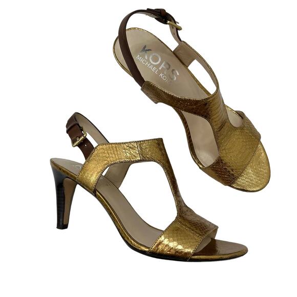 Michael Kors Gold Metallic T-Strap Heeled Sandals Shoes | Size: 9.5M - Picture 1 of 13